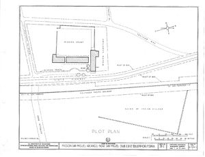 (PD) Drawing: Historic American Buildings Survey A plot plan drawing of the Mission San Miguel Arcángel complex as prepared by the Historic American Buildings Survey in 1937.