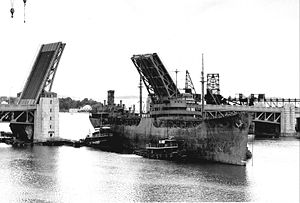 (PD) Photo: United States Air Force / Dan Kovalchik USNS Mission San Fernando (T-AO-122) under tow entering the Quincy, Massachusetts shipyard for conversion to a "Missile Range Instrumentation Ship."