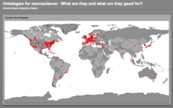 Screenshot of the GeoMap depicting the locations of visitors to a specific article via the journal's website.