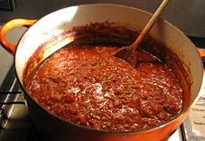 The finished Bolognese, ready to be served on tagliatelli.